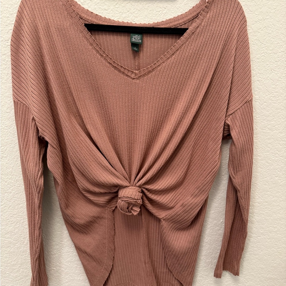 Wild Fable Knotted Ribbed Blouse - Mauve